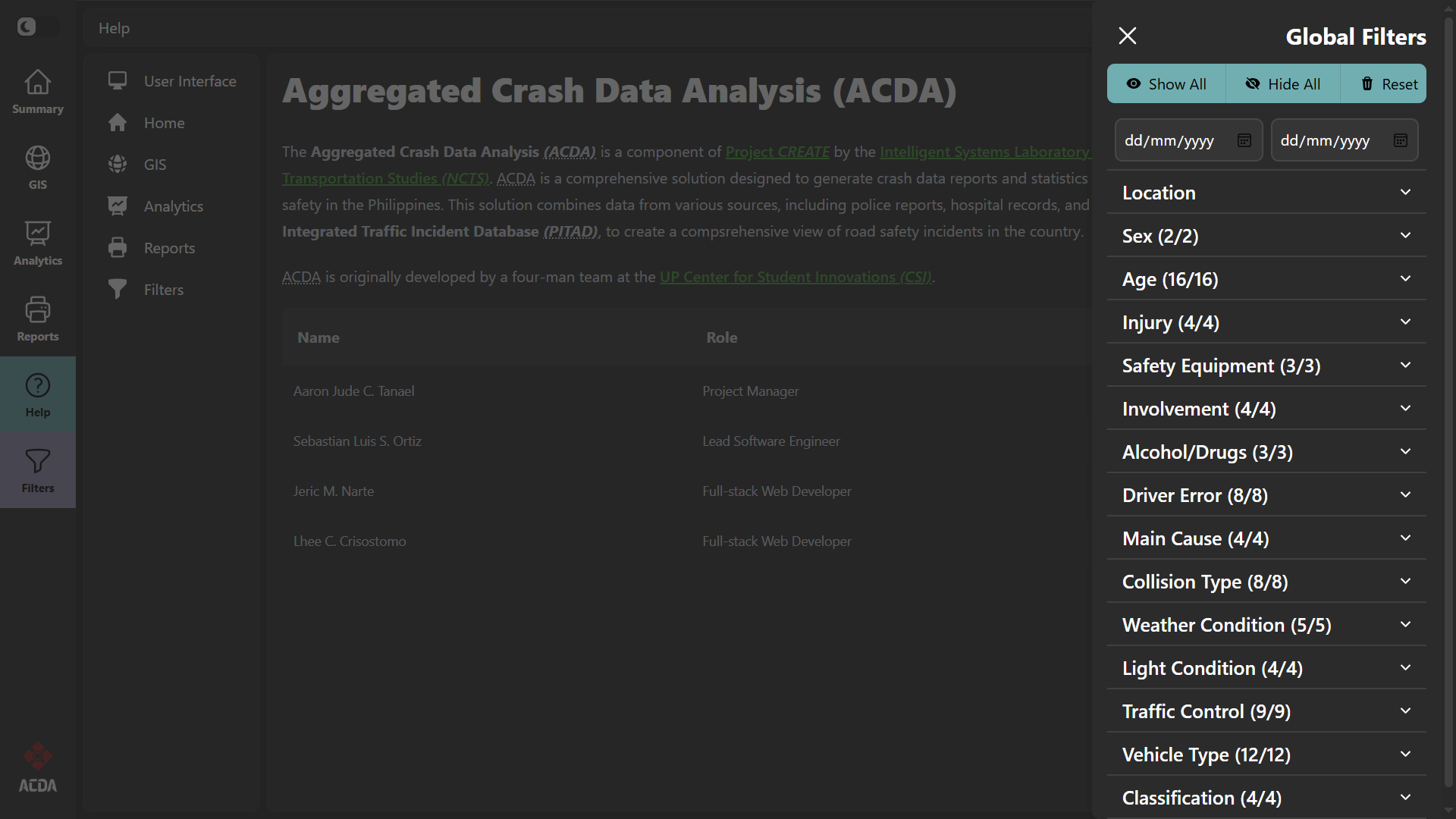 ACDA Help Page with Filters