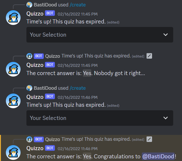 Quizzo Chat Output